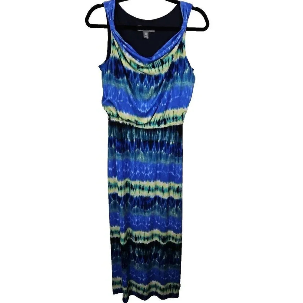 Donna Ricco Blouson Long Maxi Dress Blue Tie Dye Sleeveless Elastic Waist Size 8